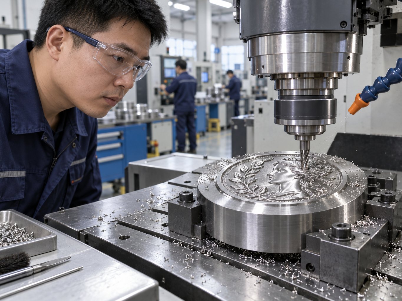 Engraver cutting a steel medal die on a CNC engraving machine