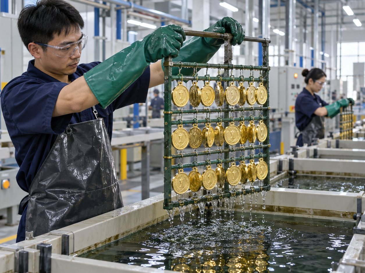 Racks of medals entering the tanks of an electroplating line