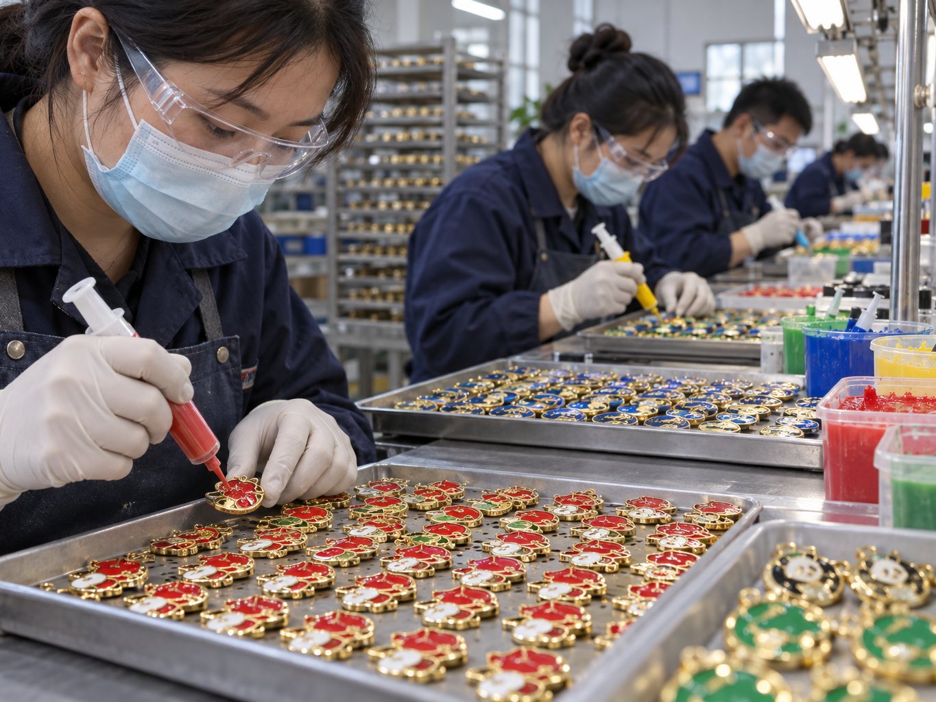 Workers filling enamel colours into medals by hand