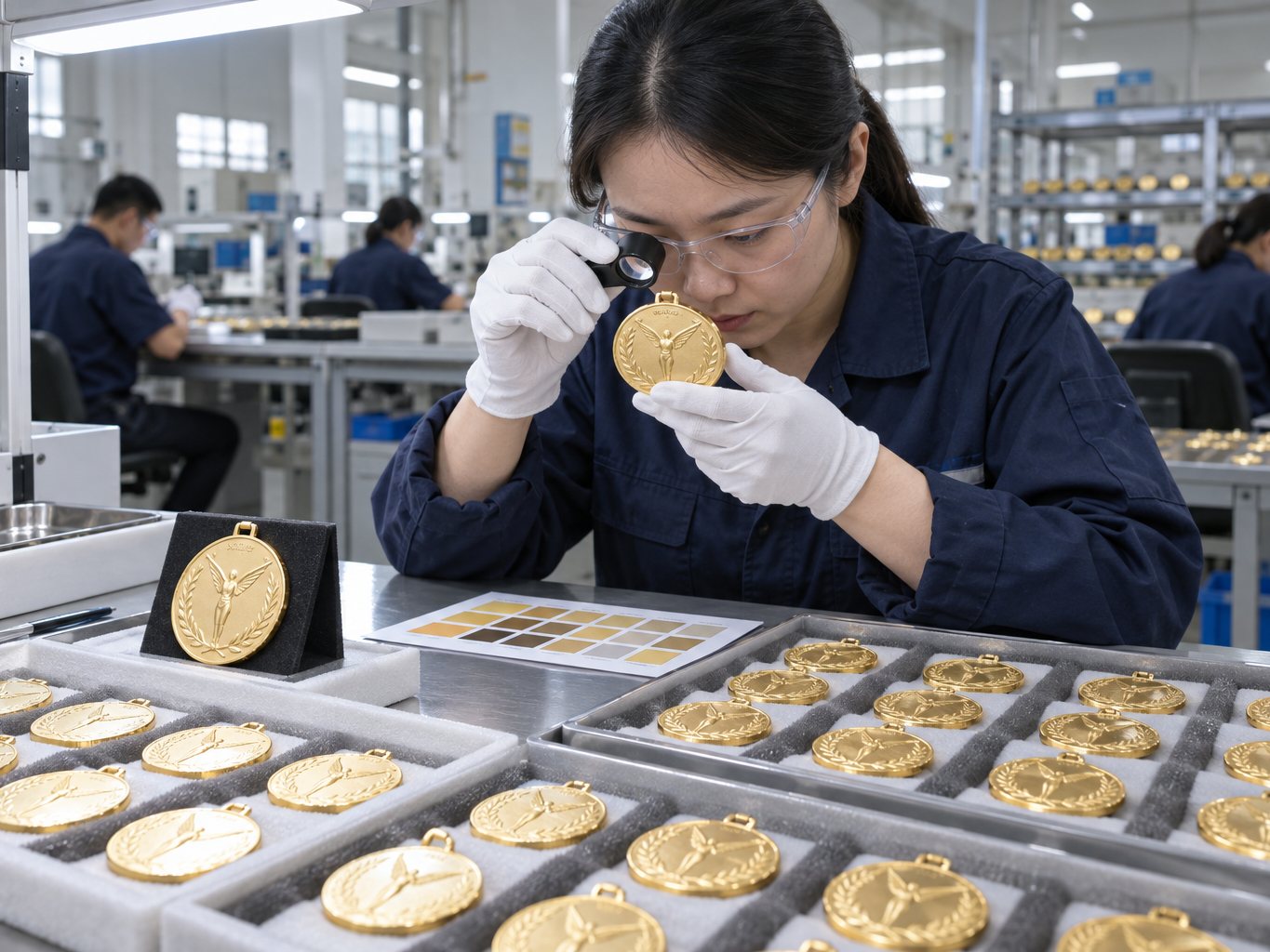 Inspector checking medals against the approved sample