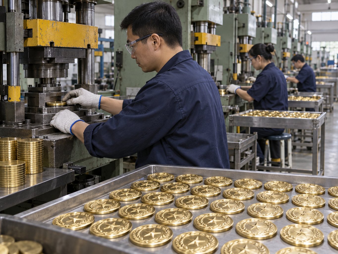 Operator striking medal blanks on a hydraulic stamping press