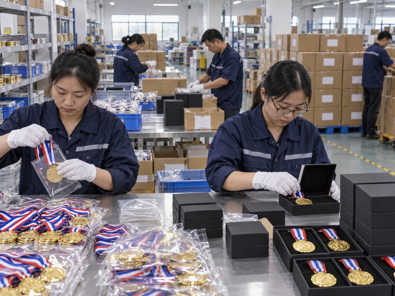 Packing area with labelled cartons of medals ready for shipping