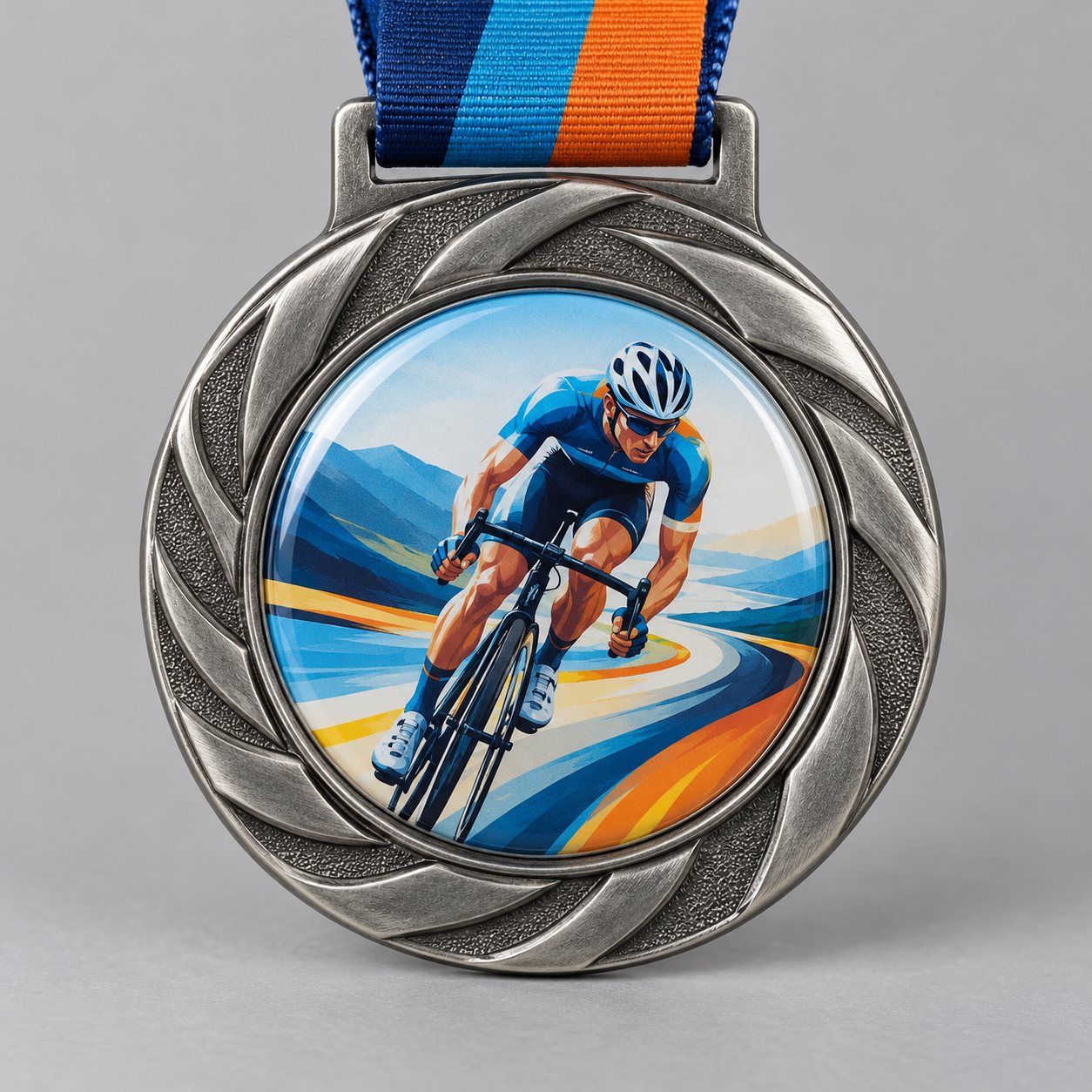 Antique silver cycling race medal with a full-colour printed centre under epoxy