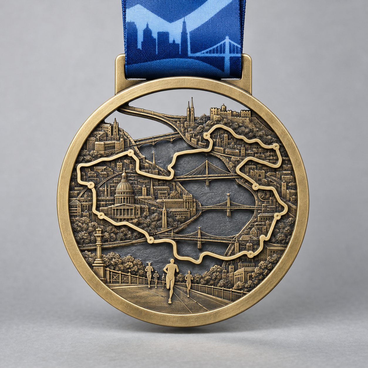 Antique gold marathon finisher medal with a cut-out route map and blue ribbon
