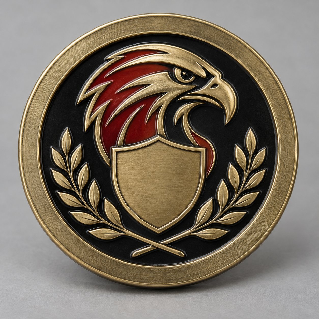 Antique gold challenge coin with black and red soft enamel