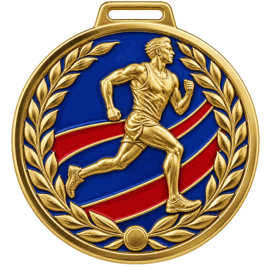 Gold die-cast finisher medal with blue and red enamel