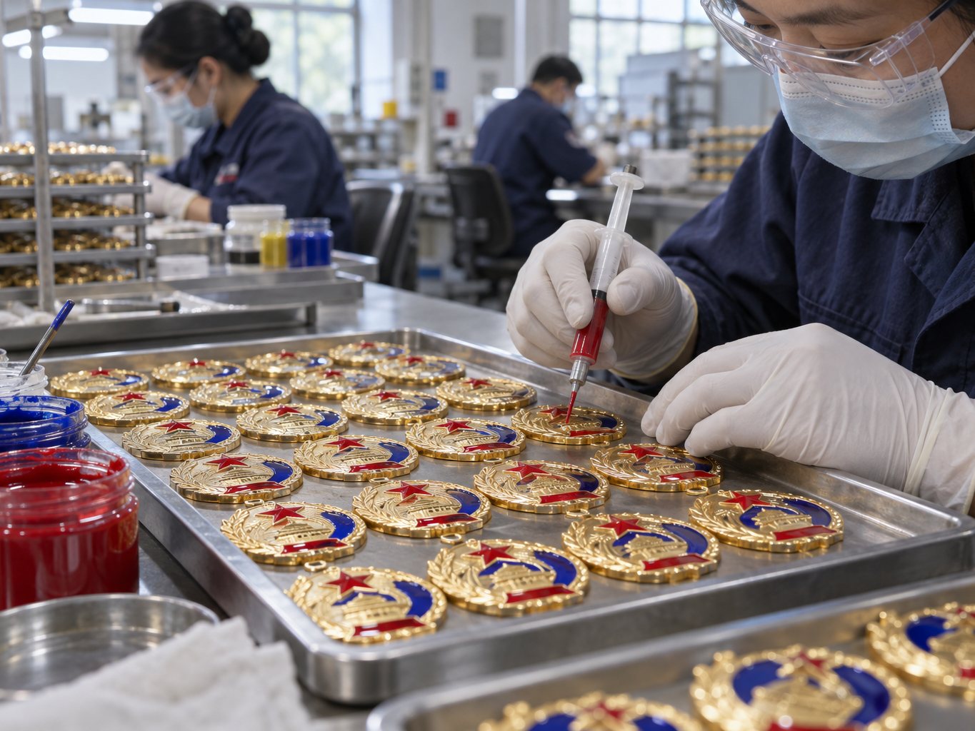 Worker hand-filling enamel colours into medals at our Foshan factory