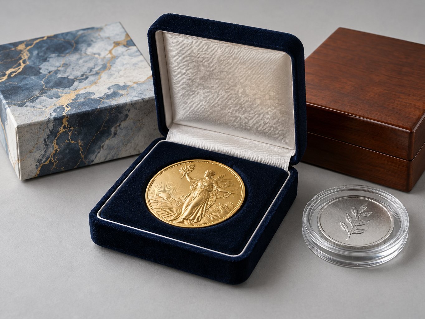 Velvet, wooden and printed paper medal boxes with a coin capsule
