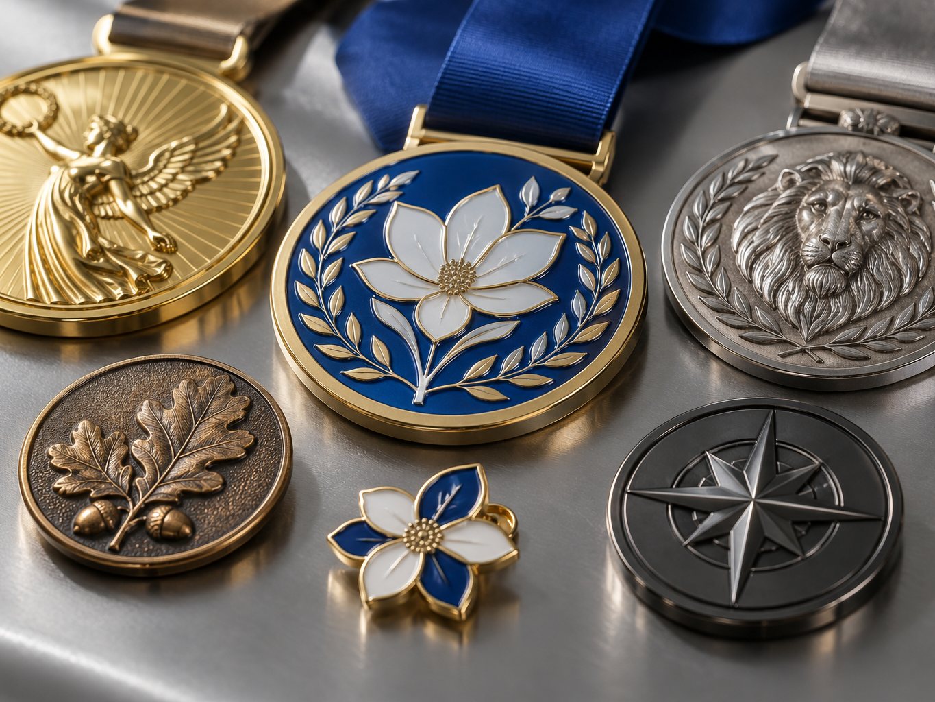 Custom medals and pins in gold, silver, bronze and black nickel finishes