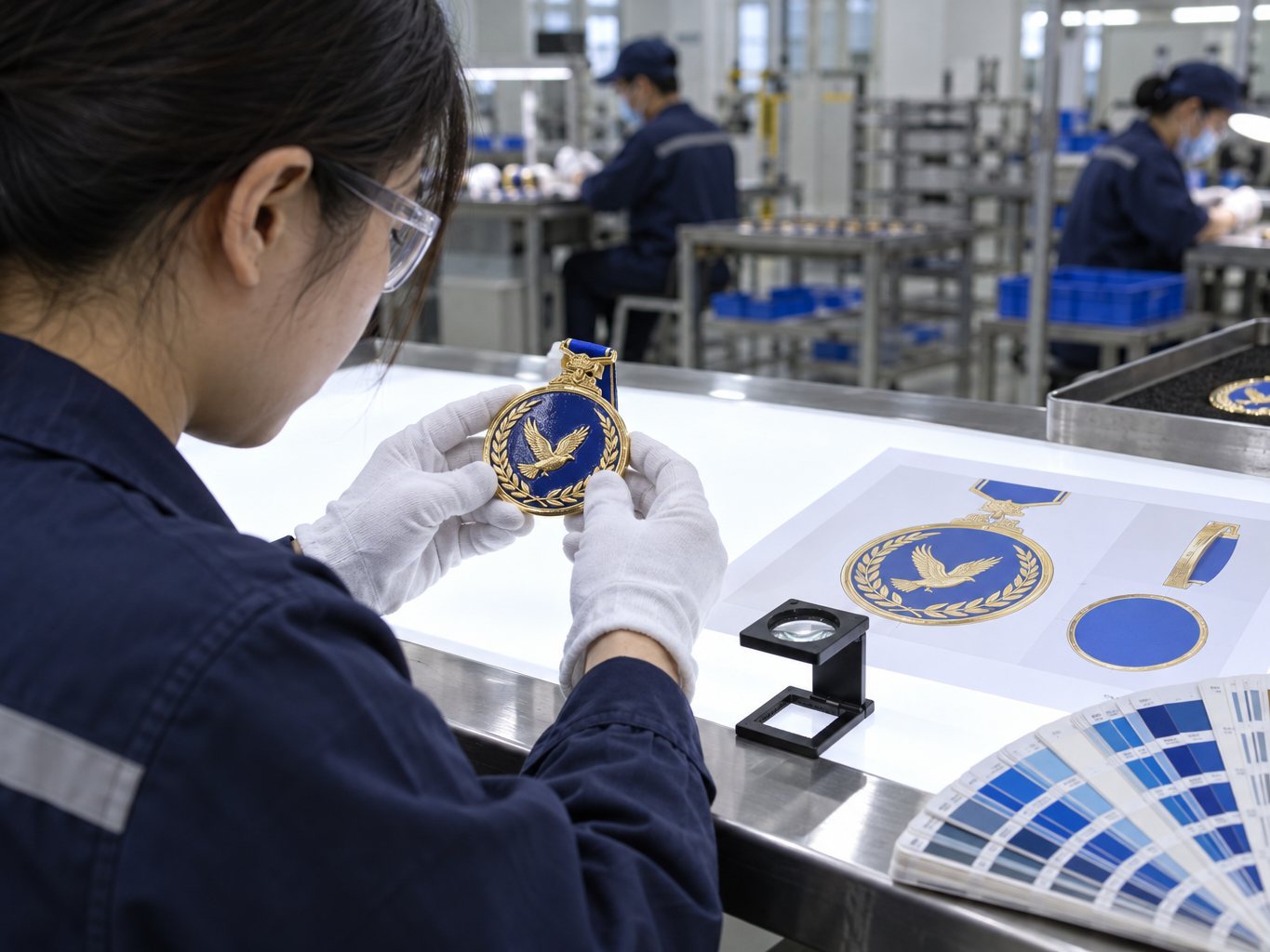 Inspector checking a medal against the approved artwork in the Gumei factory