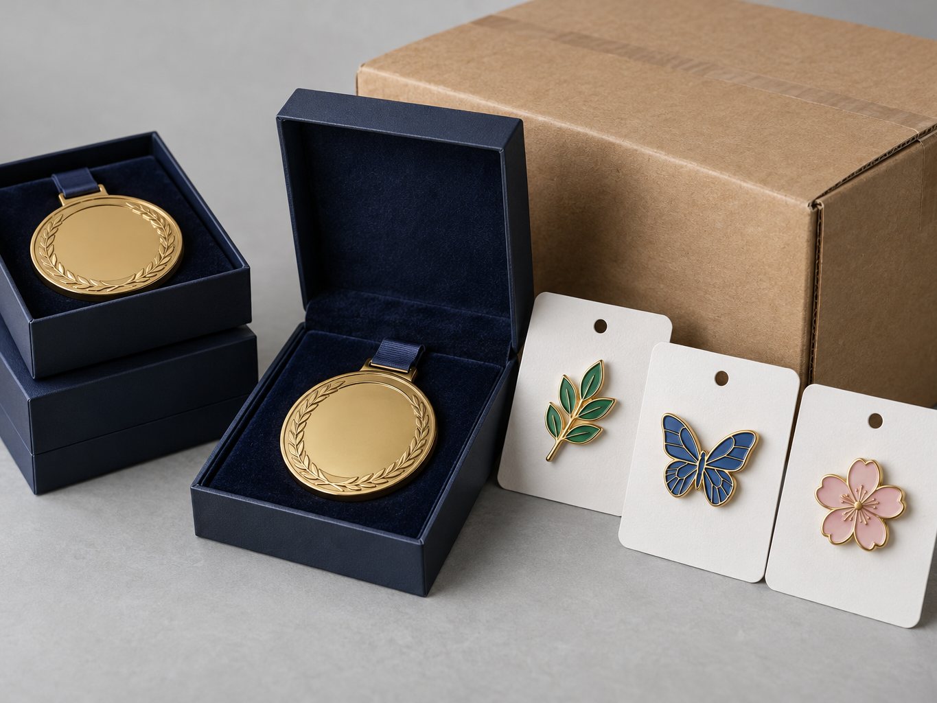Private-label enamel pins and medals in branded gift boxes ready for packing