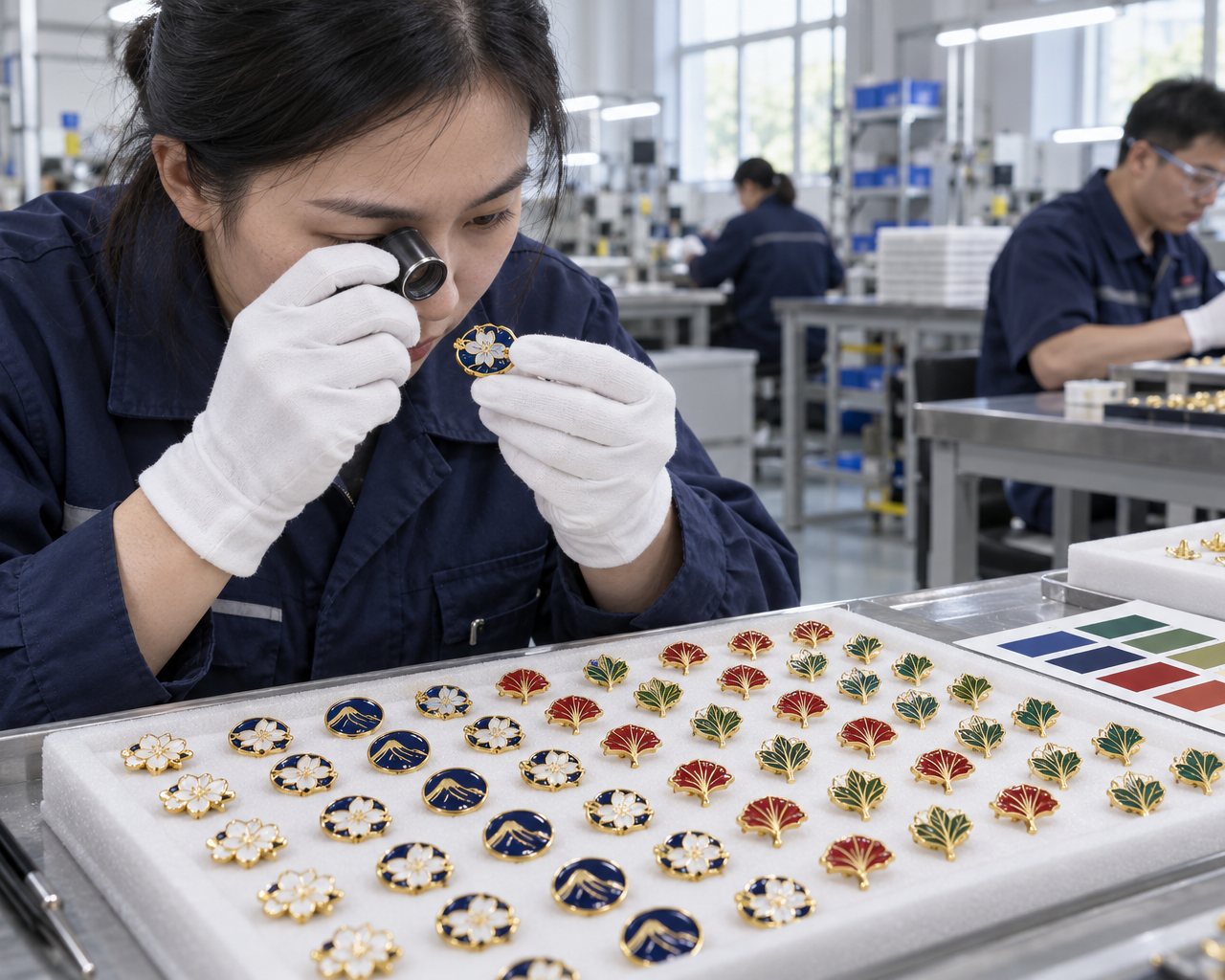 Quality inspector checking enamel colour and plating on finished badges