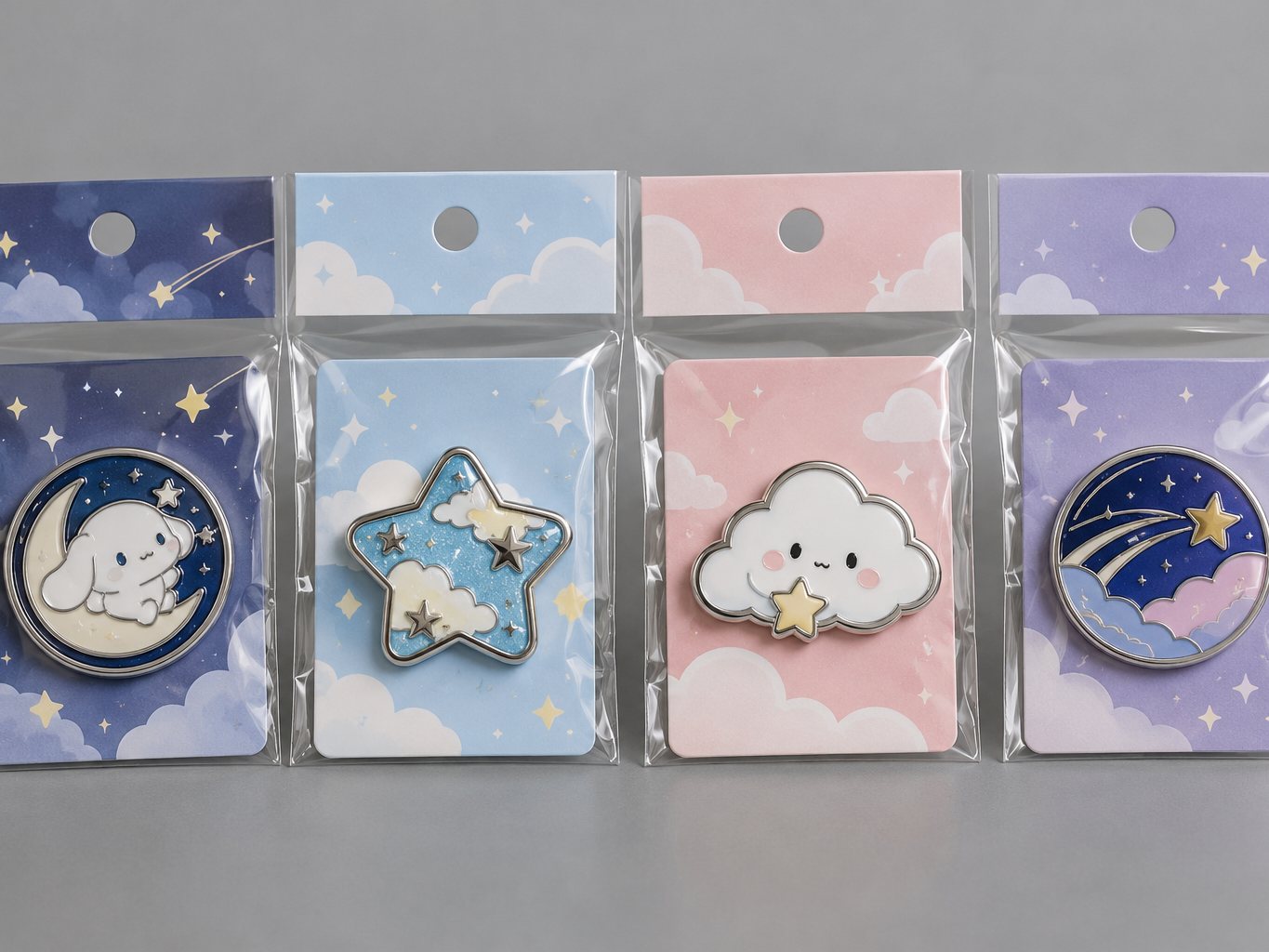 Set of printed metal fan badges with epoxy domes on illustrated backing cards