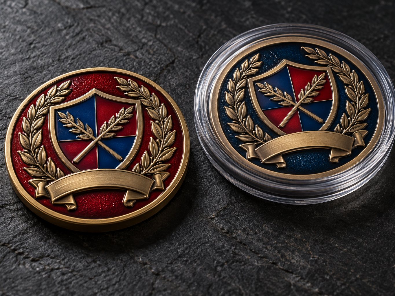Two-sided antique gold challenge coin with red and blue hard enamel and raised lettering