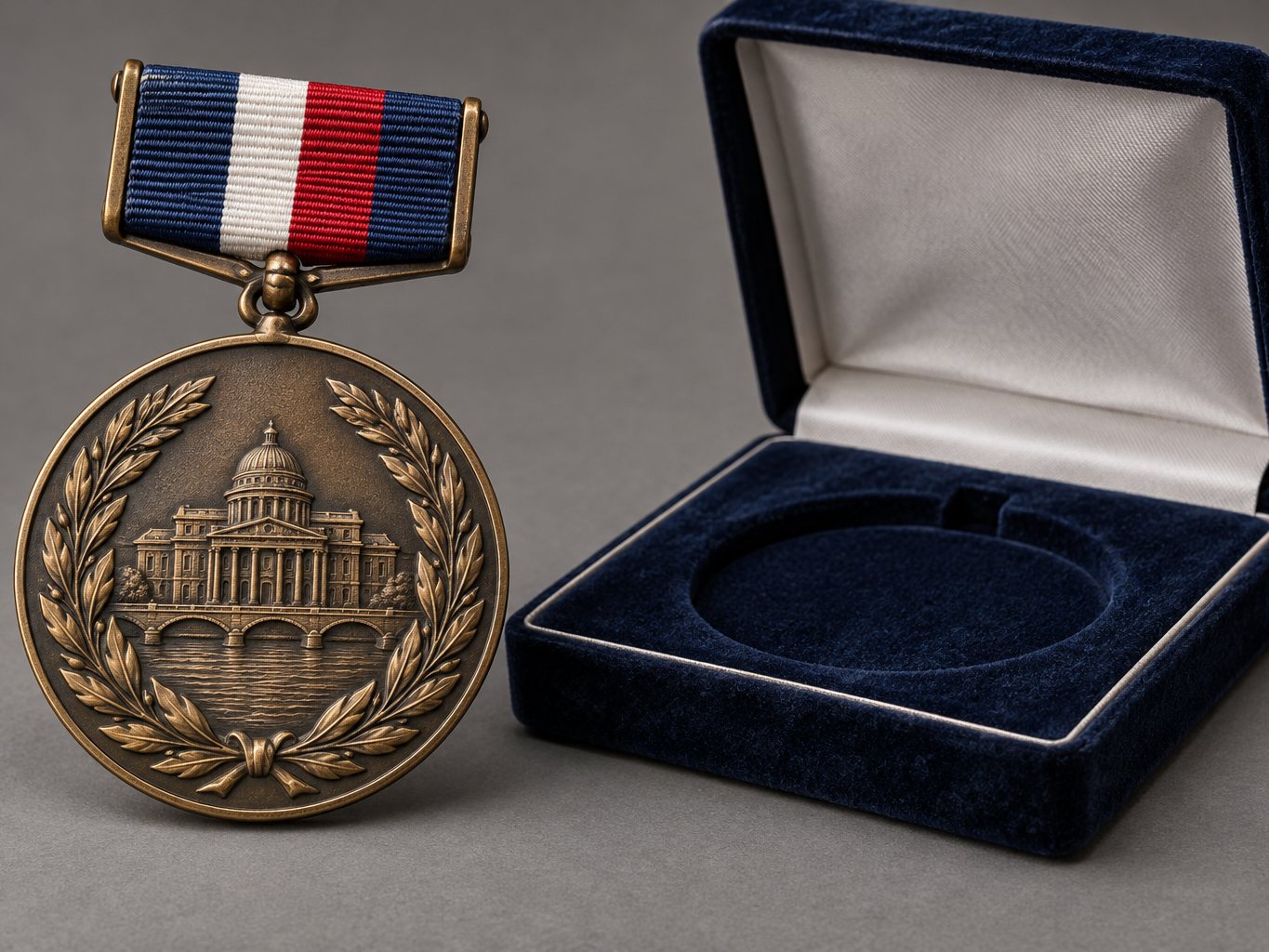 Antique bronze commemorative medal with a portrait in relief, hanging from a striped ribbon