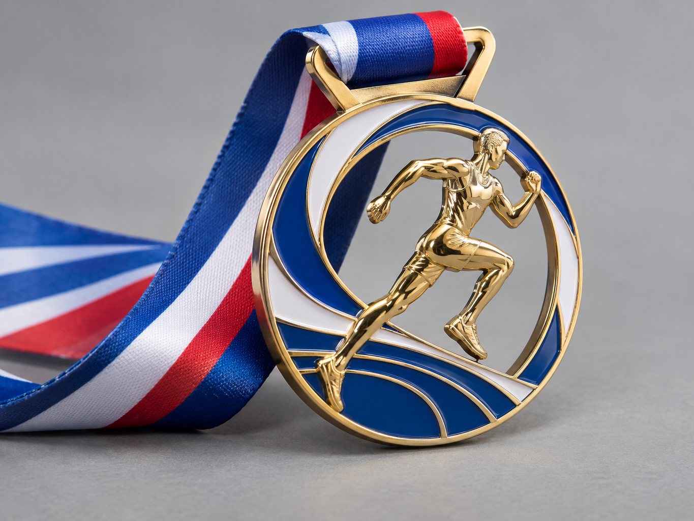 Custom zinc alloy finisher medal with blue soft enamel and a sublimated ribbon