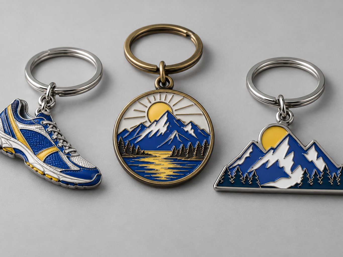 Zinc alloy keychain in a custom shape with soft enamel colour and a split key ring