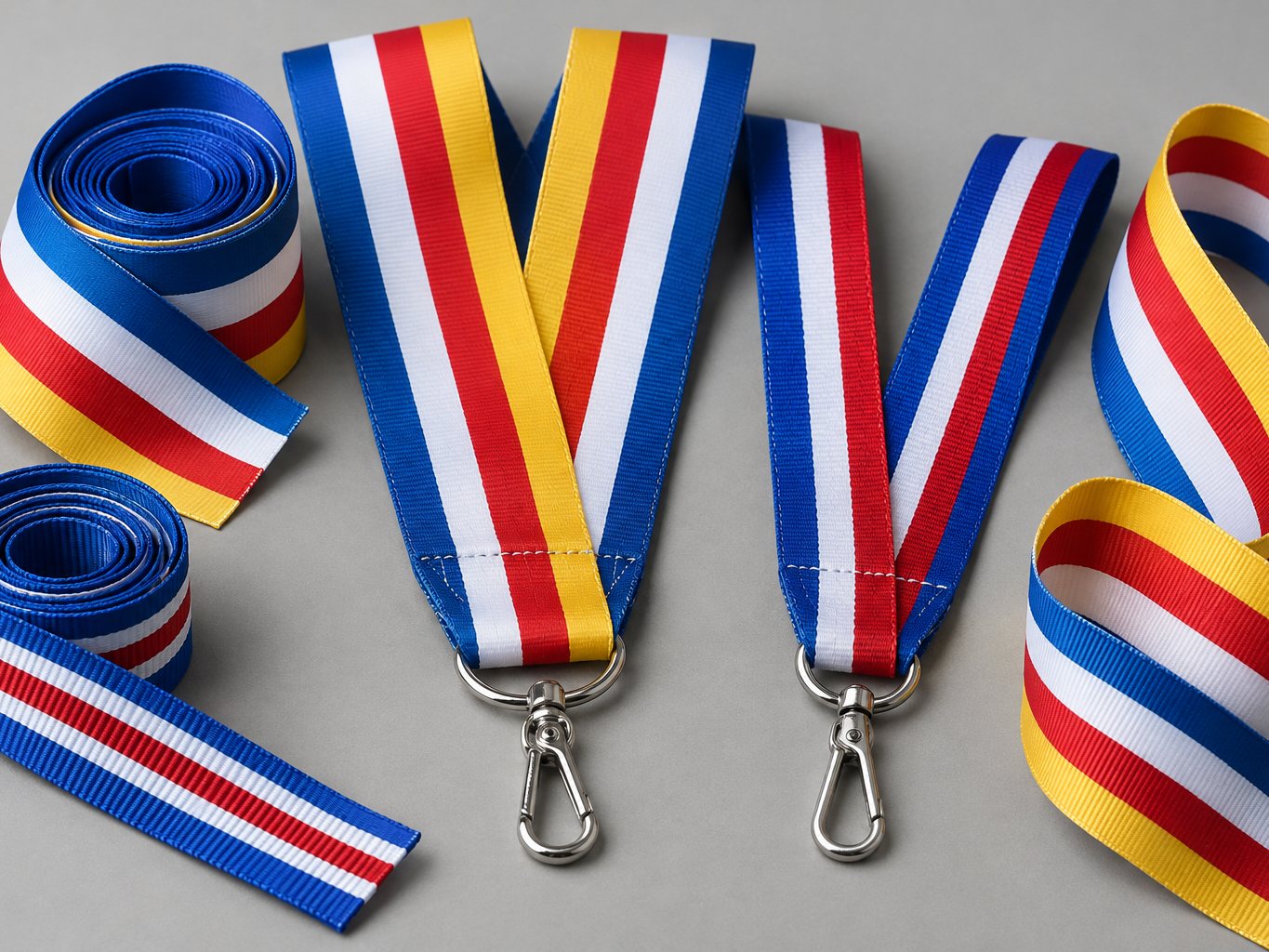 Rolls of sublimated medal ribbon in blue, white and red with V-neck metal hooks
