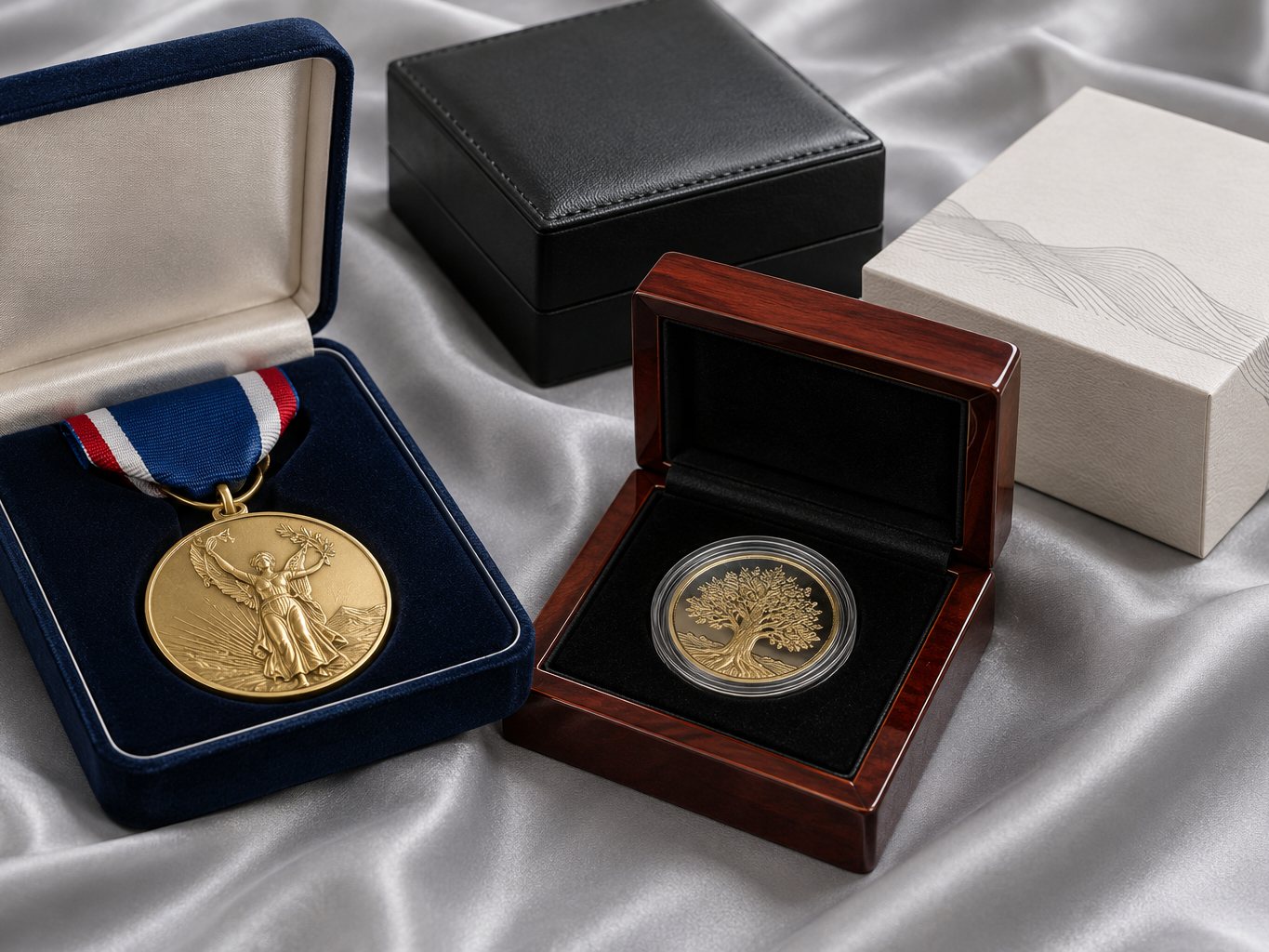 Open blue velvet medal box beside a wooden coin box and a printed paper gift box