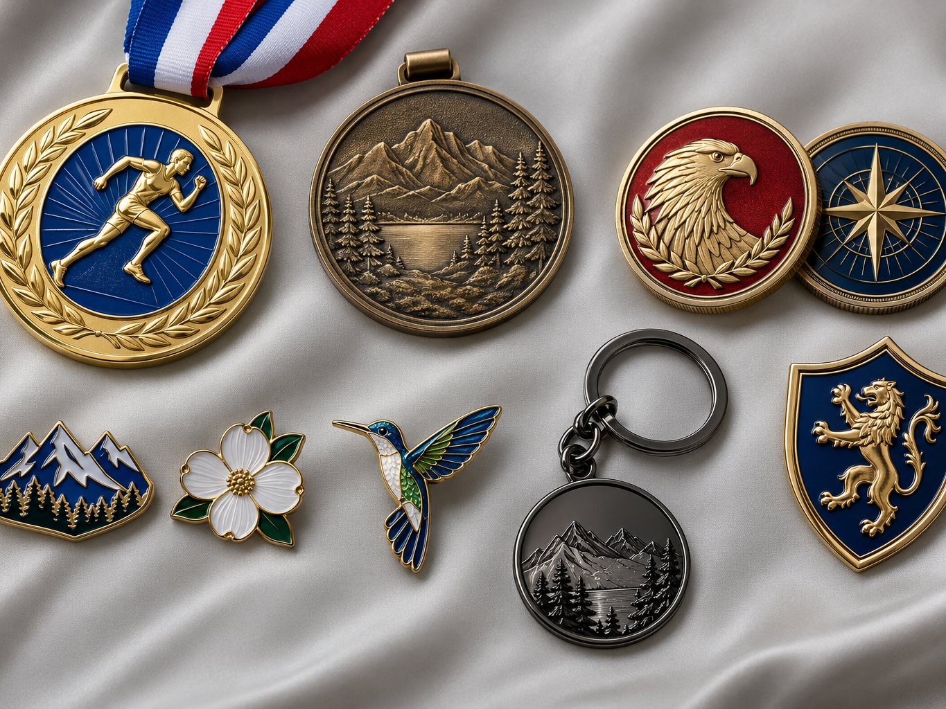 Custom medals, challenge coins, enamel pins and badges laid out together
