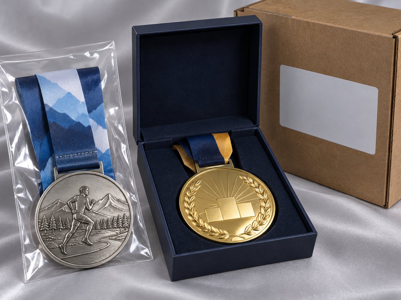 Finisher medal with attached ribbon packed in a poly bag beside a podium medal in a gift box
