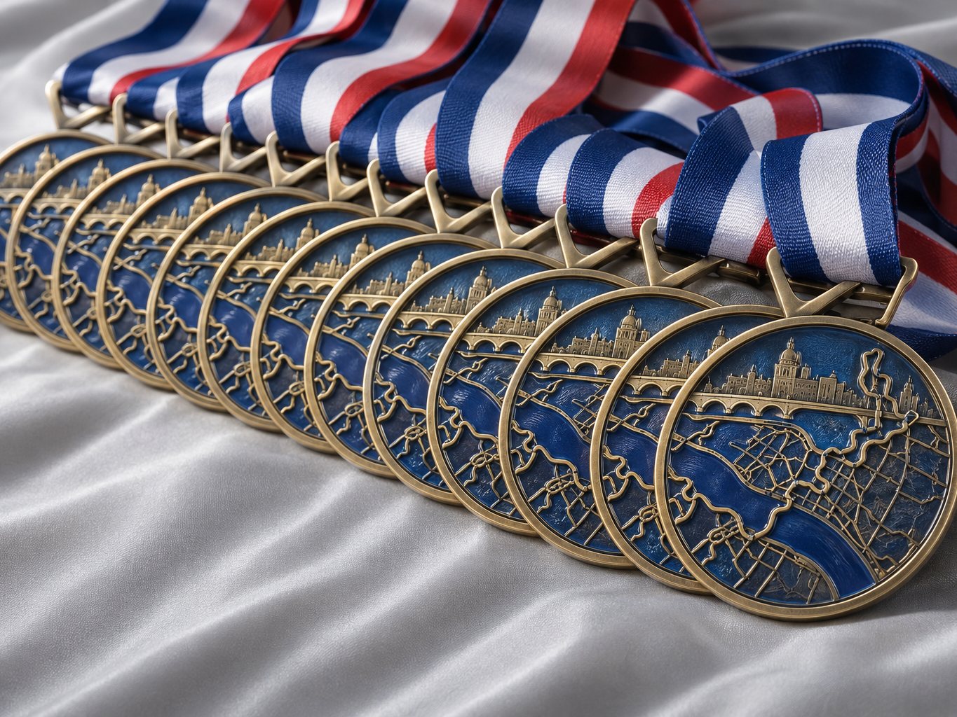 Antique gold marathon finisher medals on sublimated ribbons