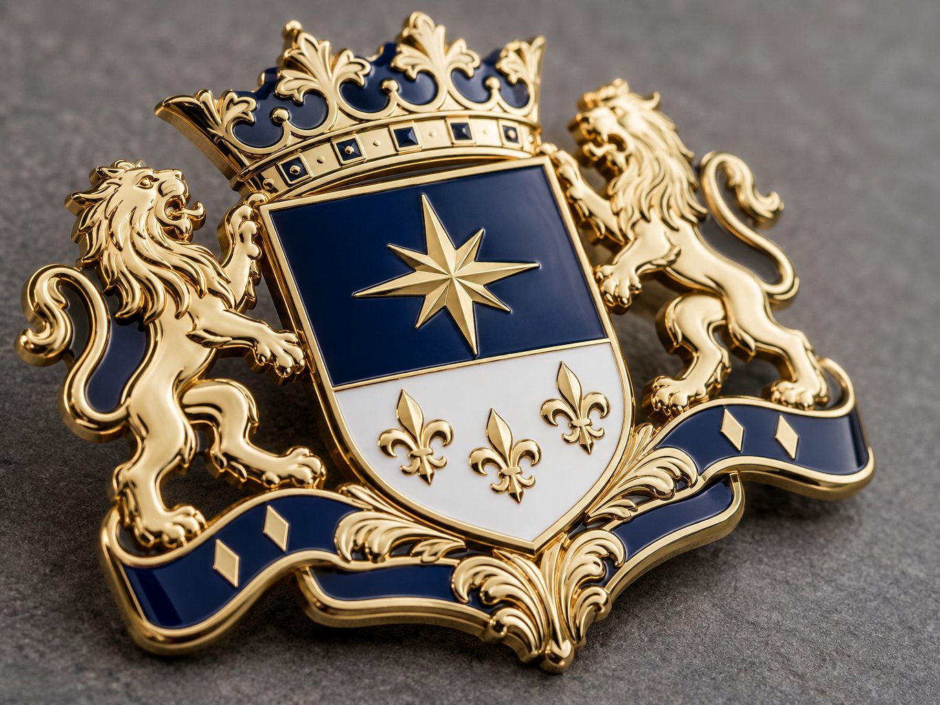 Close-up of a polished hard enamel crest badge with fine gold lettering