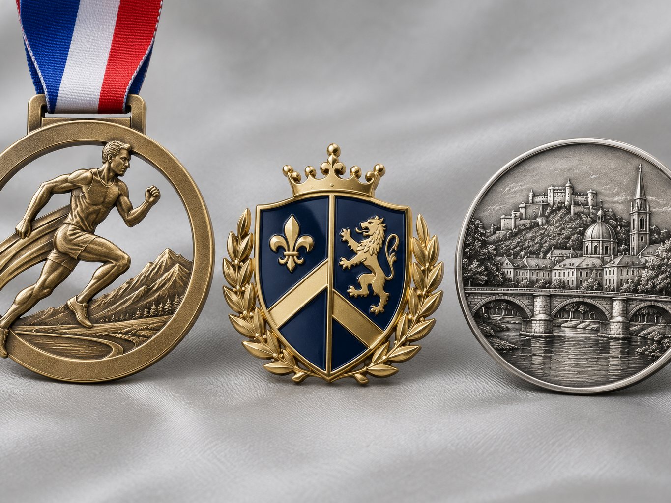 Finisher medal, hard enamel crest badge and commemorative coin side by side